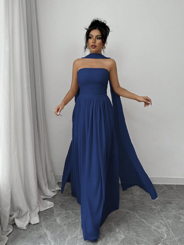 Vestido longo feminino de design assimétrico Azul